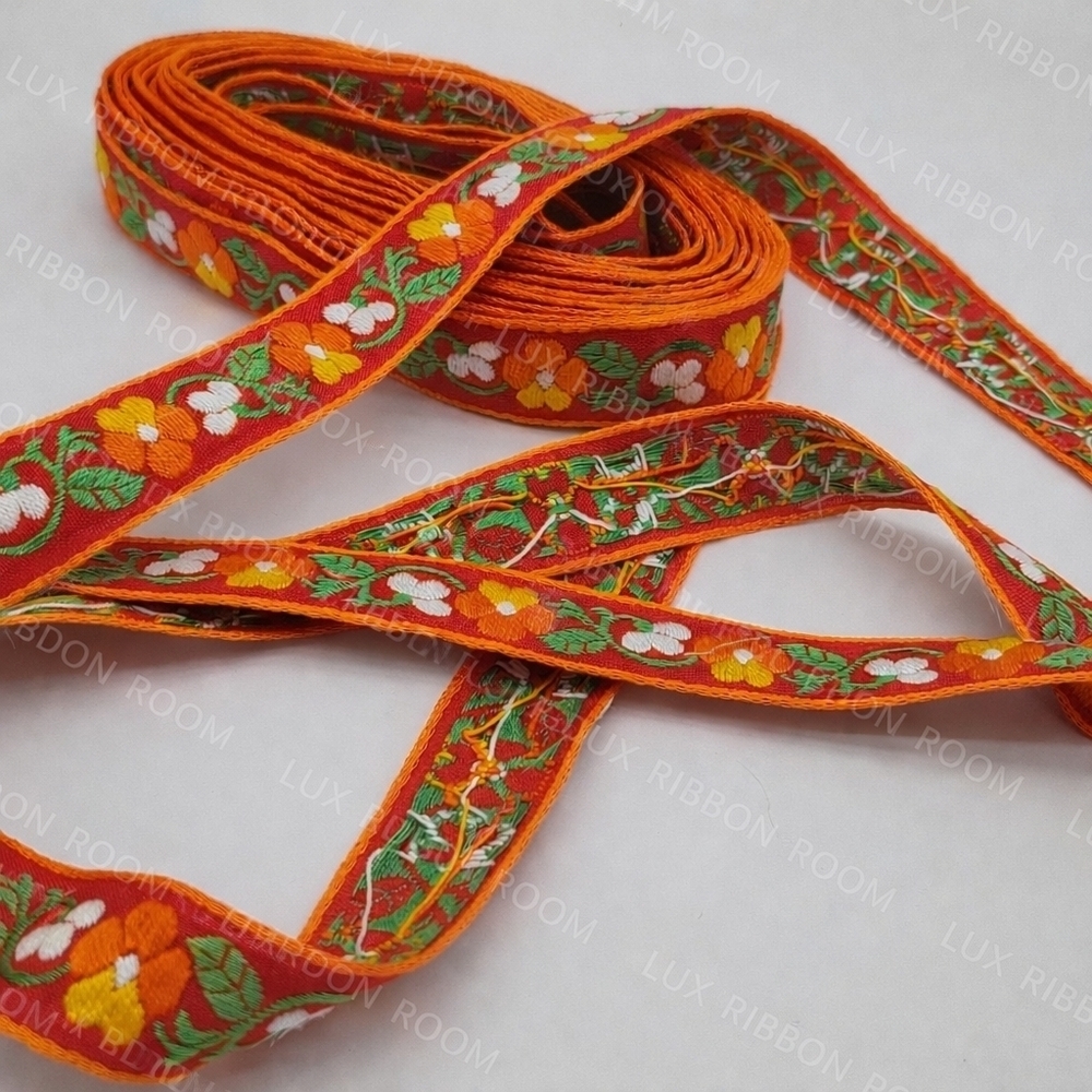 Vintage French Woven Floral Ribbon Red Orange Jacquard Two (2)Yards - Picture 1 of 5